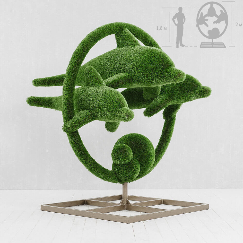 grosse-gartenplastik-delfine-gfk-kunstrasen-hecken-skulptur-flipper